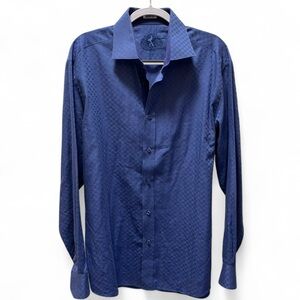Bugatchi Shaped Fit Men's Blue Checkered Lion Crest Long Sleeve Dress Shirt